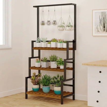 3 Tier Black Plant Stand With Hanging Basket Indoor Display Plant Rack Metal Shelves for Flower Pot Home Application Decor