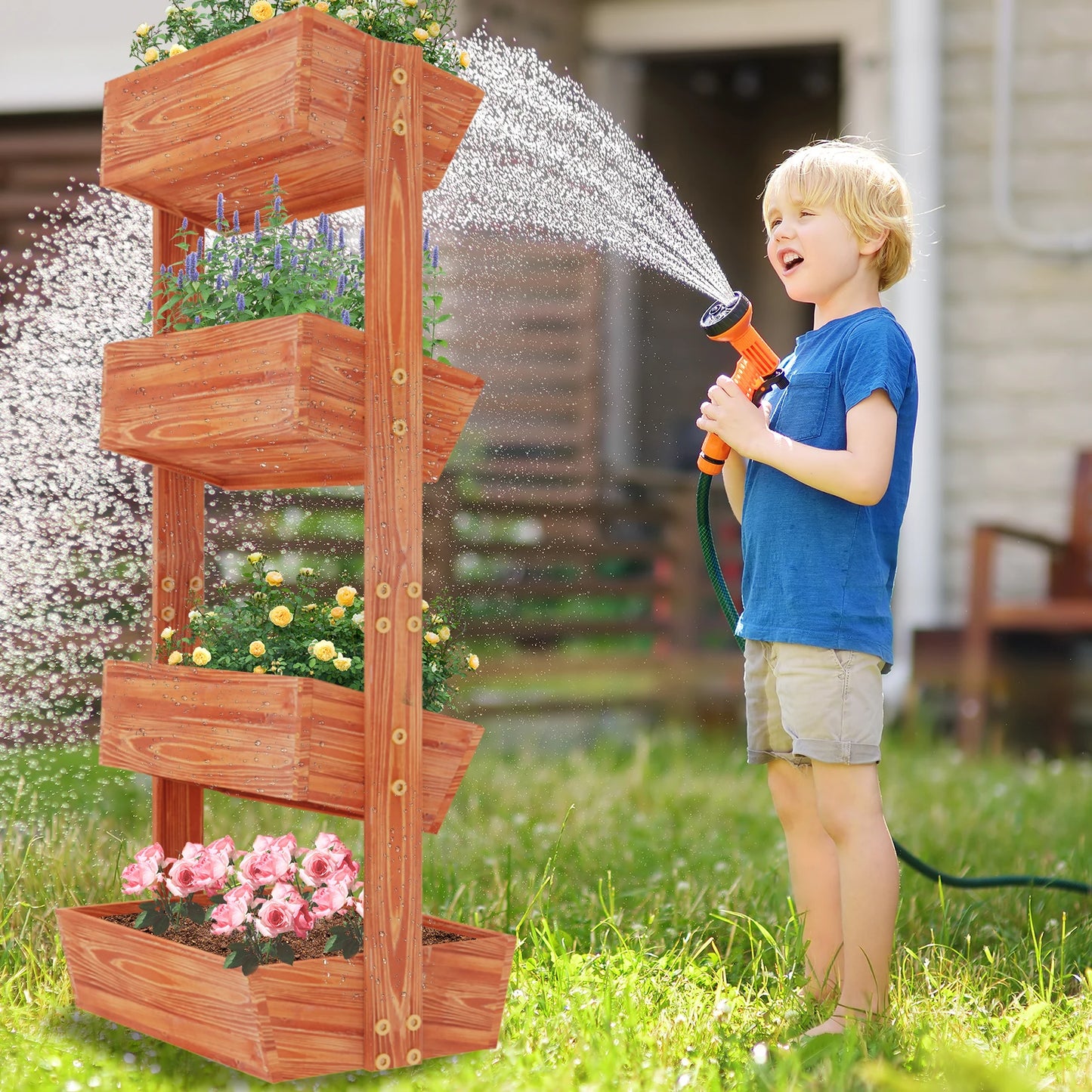 4-Tier Raised Garden Bed, Vertical Flower Pots Rack with Detachable Ladder and Adjustable Shelf, Wooden Elevated Planters Stand