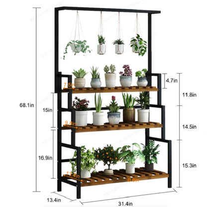 3 Tier Black Plant Stand With Hanging Basket Indoor Display Plant Rack Metal Shelves for Flower Pot Home Application Decor