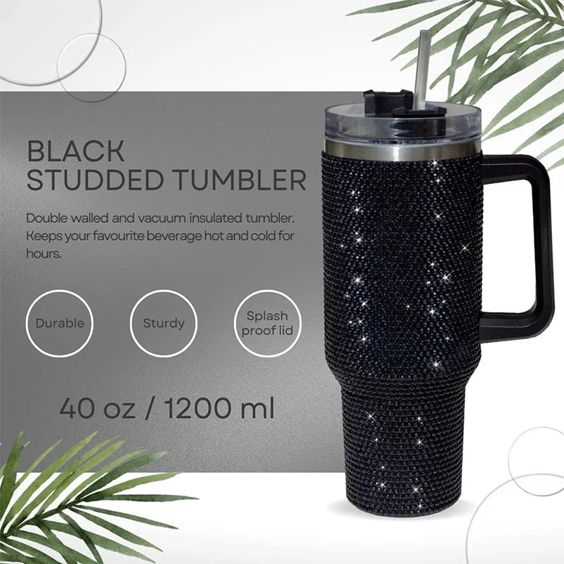 40oz Rhinestone Luxury Tumbler Stainless Steel Vacuum Cup With Handle Lid And Straw