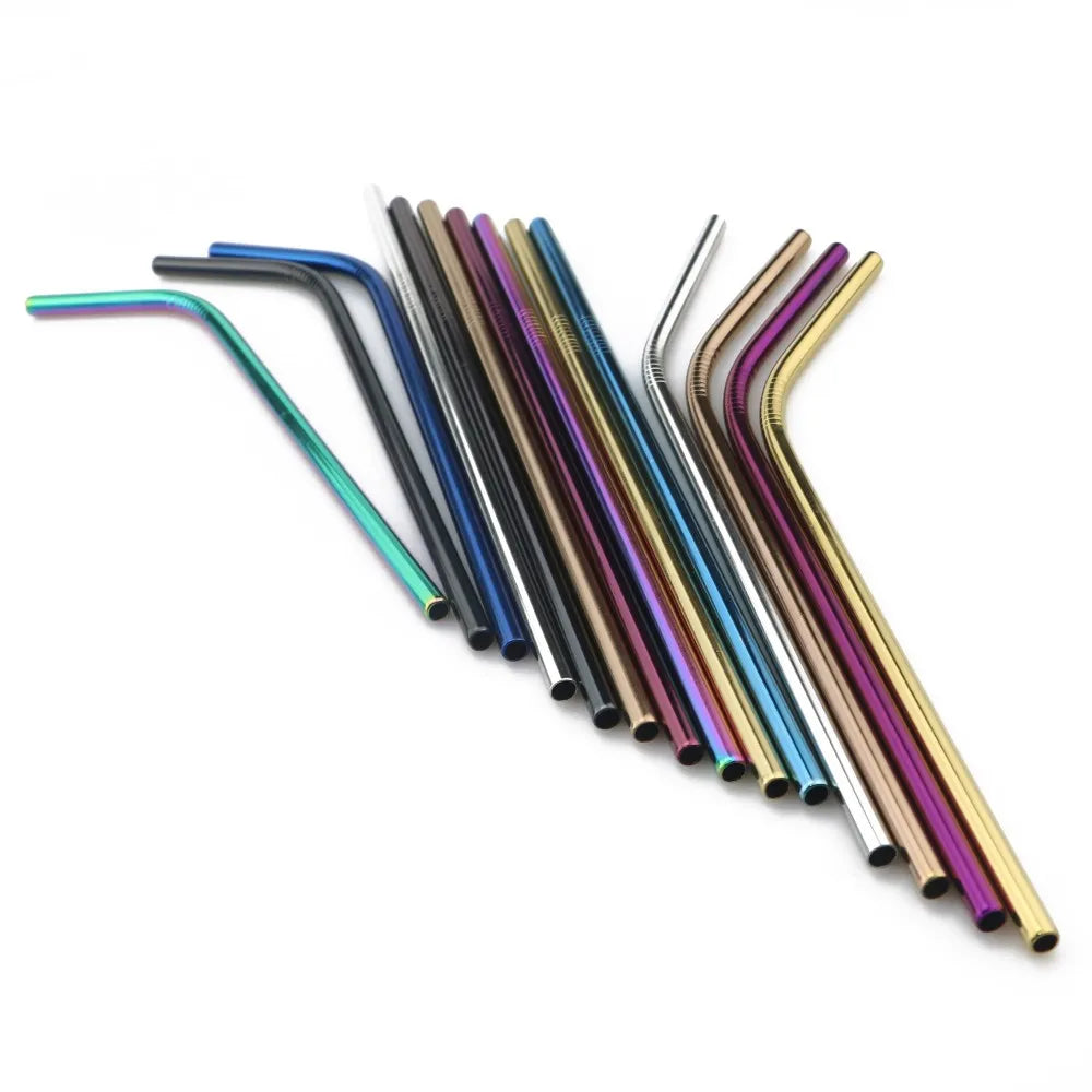 Reusable Metal Drinking Straws 304 Stainless Steel Sturdy Bent And Straight Drinking Straws with Cleaning Brush