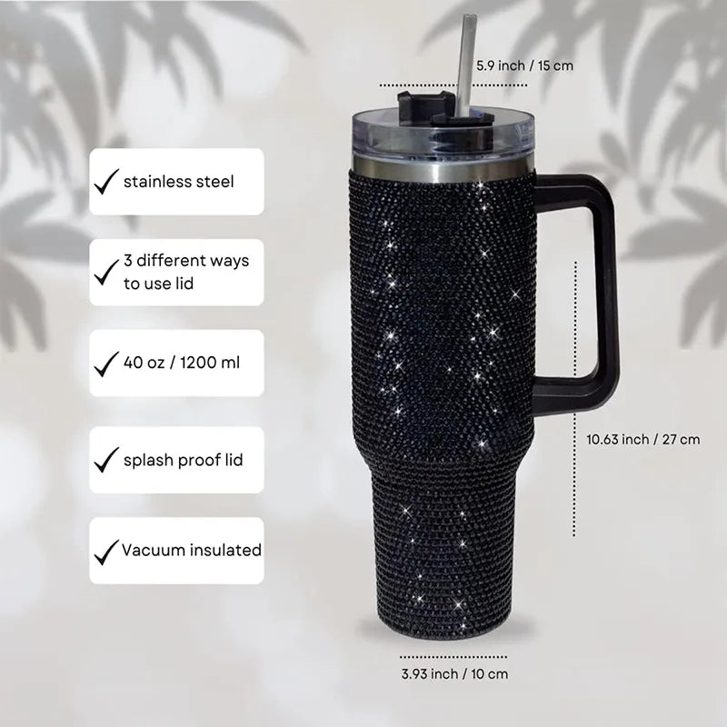 40oz Rhinestone Luxury Tumbler Stainless Steel Vacuum Cup With Handle Lid And Straw