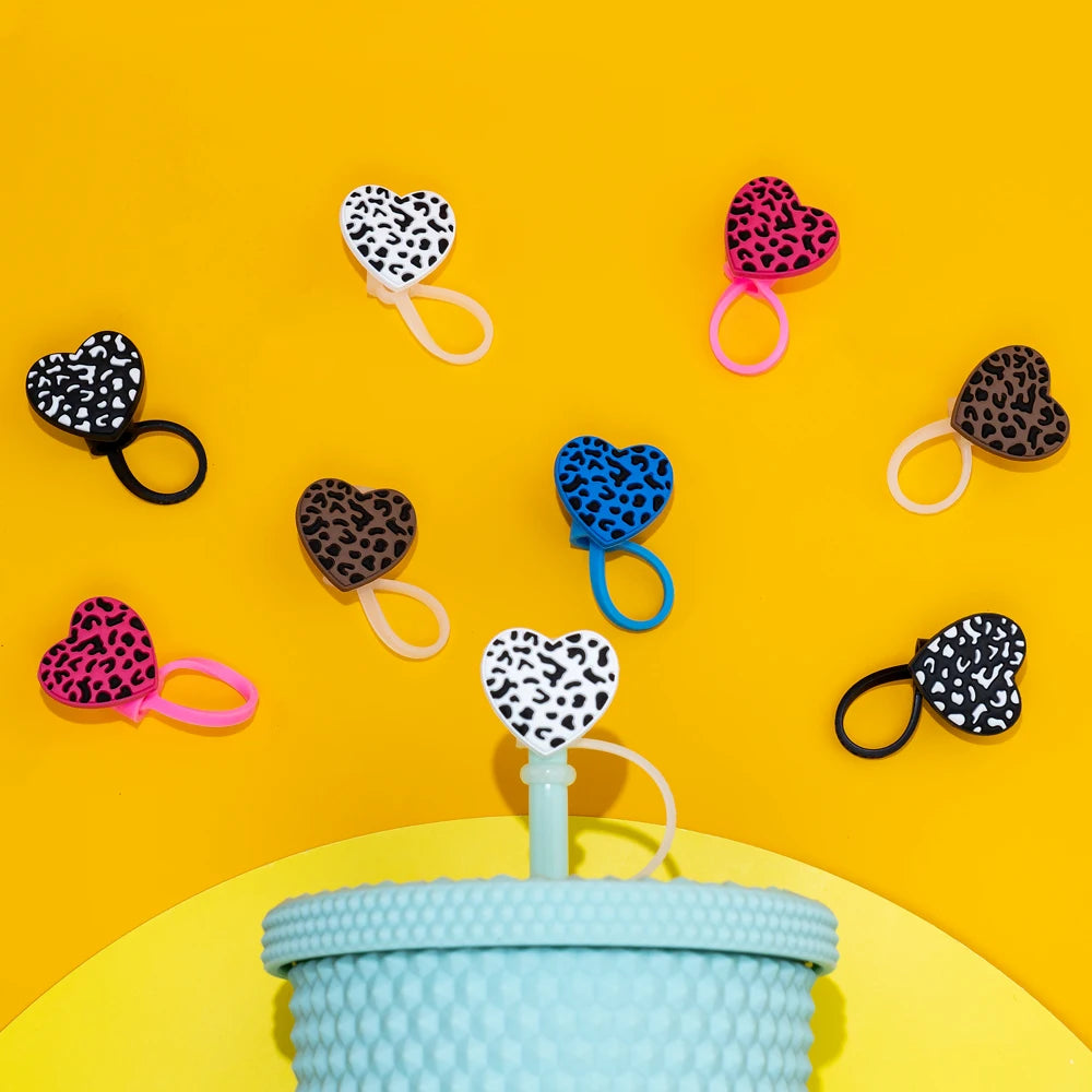 1pcs Silica Leopard Print Heart Shape Straw Covers Cap for Cup,10mm Straw Toppers Pins 5 Color ,Reusable Dust-Proof,Party Decor