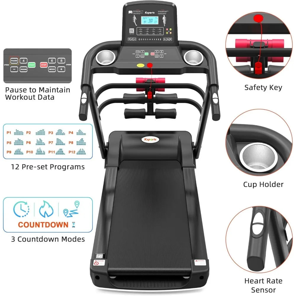 Treadmill Bundle | Electric Folding Incline Treadmill with Auto/Manual Incline, Sit Ups Rack/Strap & Ab Mat, Dumb Bells