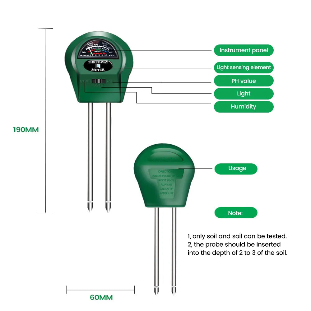 3 IN 1 Soil PH Meter Sunlight PH Tester Garden Flowers Moisture Sensor Meter Plants Acidity Humidity PH Monitor Testing Tools