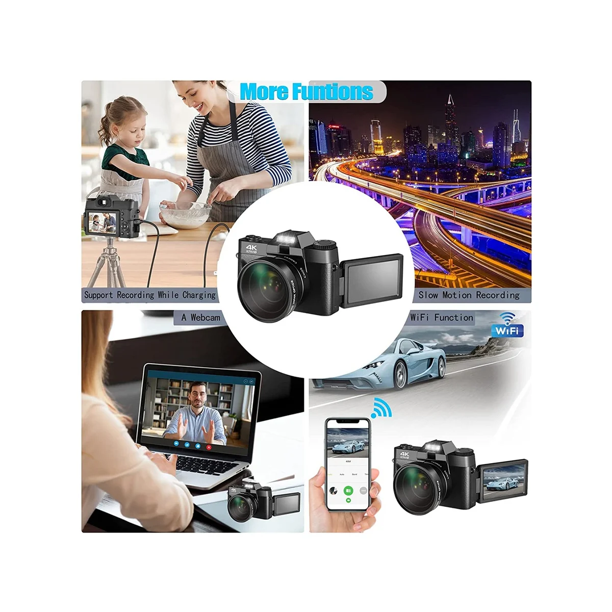 Digital Photography Camera 4K WIFI Web Cam Vintage Video Recorder 48MP Streaming Camcorder Camera with Wide Angle Lens