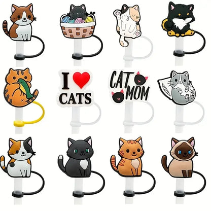 17Pcs Cartoon Kitten Silicone Straw Cover  Reusable Dust Plug, Splash Shield, Suction Cap  Cute Party 7-8mm Straw Sealing Tool