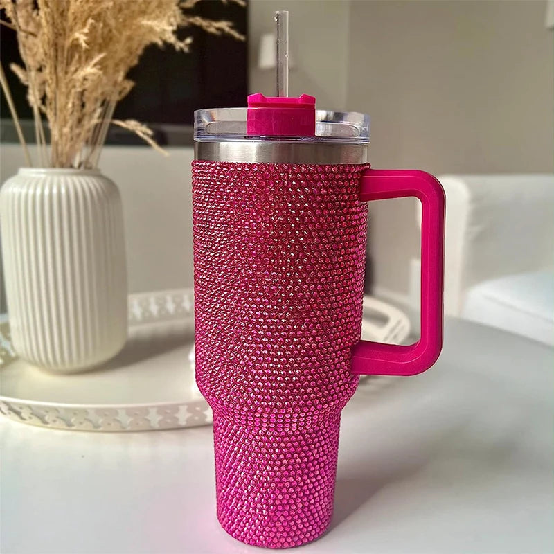 40oz Rhinestone Luxury Tumbler Stainless Steel Vacuum Cup With Handle Lid And Straw