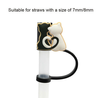 17Pcs Cartoon Kitten Silicone Straw Cover  Reusable Dust Plug, Splash Shield, Suction Cap  Cute Party 7-8mm Straw Sealing Tool