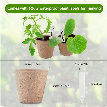 50pcs 8cm Paper Nursery Pots and Plant Label Set Round Biodegradable Seedlings FlowerPot Garden Cultivation Tray Nursery Cup