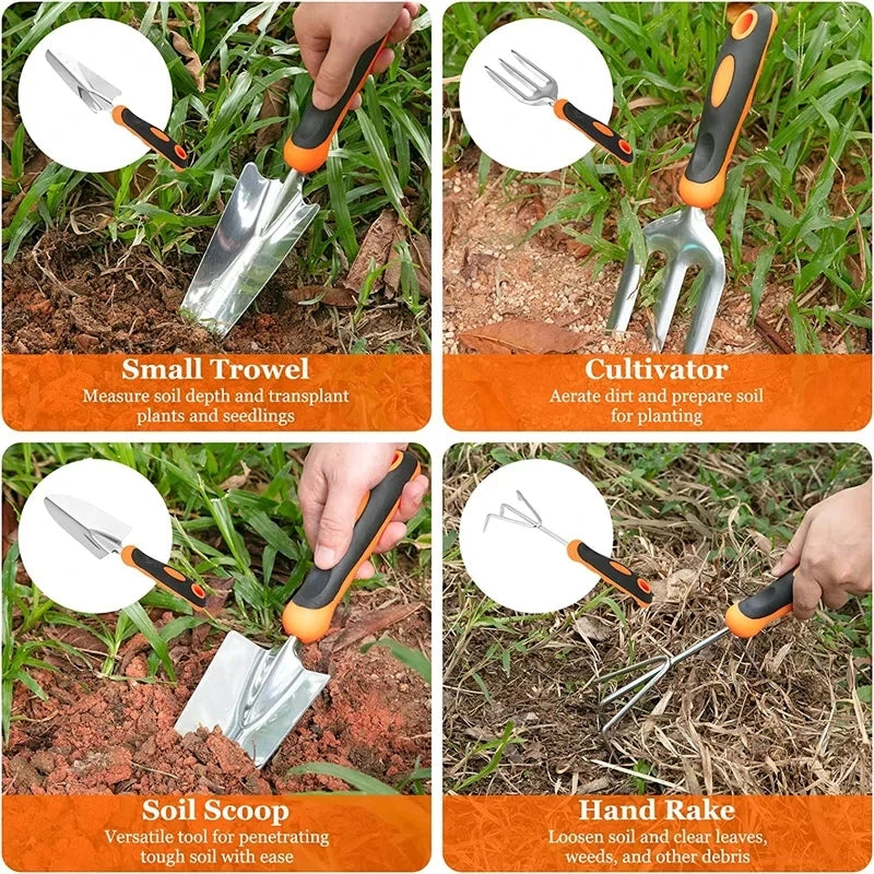 8-piece garden planting set, stainless steel heavy duty garden tools with non-slip rubber handle