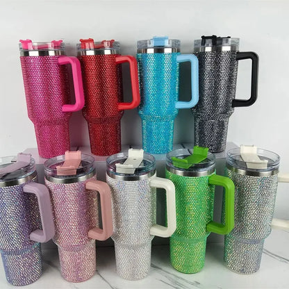 40oz Rhinestone Luxury Tumbler Stainless Steel Vacuum Cup With Handle Lid And Straw